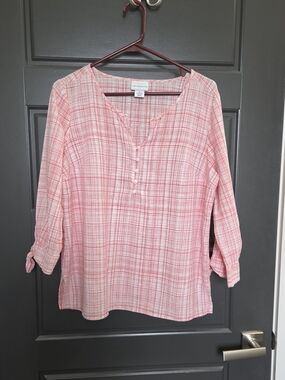 Liz Claiborne Coral/Pink Plaid Button-Front Tunic